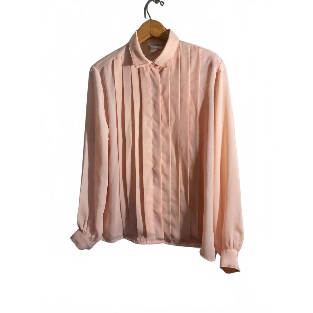 Vintage Laura Mae Elegant Light Pink Pleated Long Sleeve Blouse XL